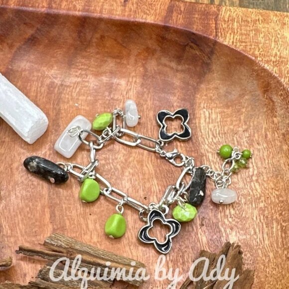 Black rutile and green beads silver bracelet - Picture 1 of 4